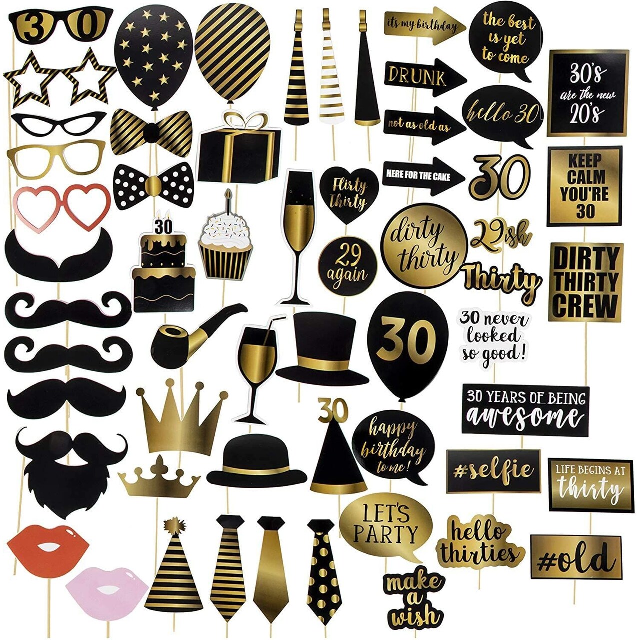 30th Birthday Photo Booth Props - 60-Pack Birthday Party Supplies, Selfie Props, Party Favors for Cocktail Parties, Black and Gold